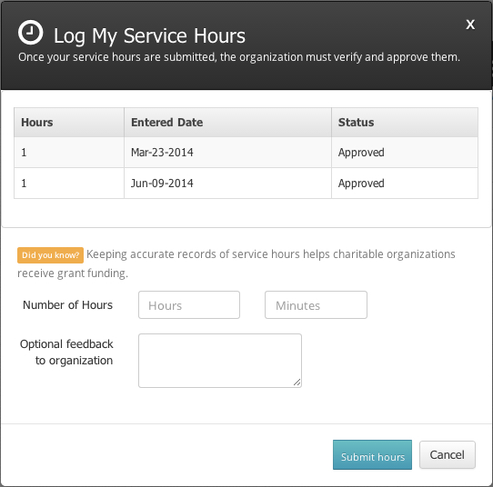Log my hours popup window Log my hours popup window