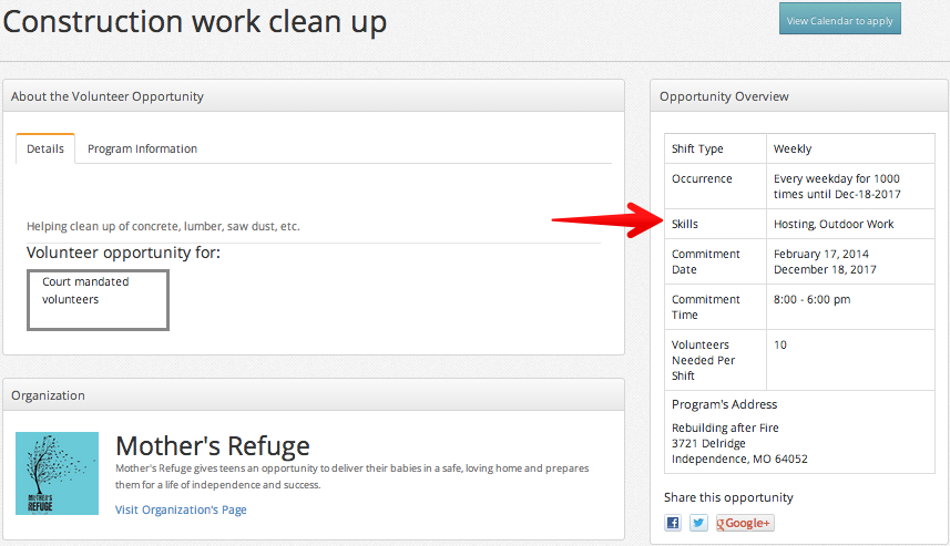 Skills listed on volunteer opportunity page Skills listed on volunteer opportunity page